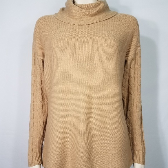 Talbots tan brown turtleneck cable knit lambswool blend sweater Large Petite - Picture 1 of 7